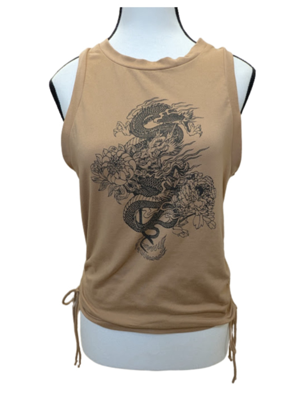 Occasion Dragon Graphic Tank Top Ruched Side Y2K Grunge Festival Beige Small